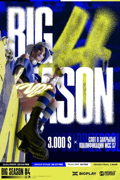 Турнир BIG SEASON #4 по MLBB,
               формат MLBB 5x5, призовой фонд 3000$ и слот в закрытые квалификации MCC S7,
                старт 23 Февраль